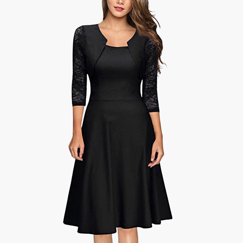 Women's Lace Sleeve Midi Dress – Flared Skirt Defined Waist Romantic Style