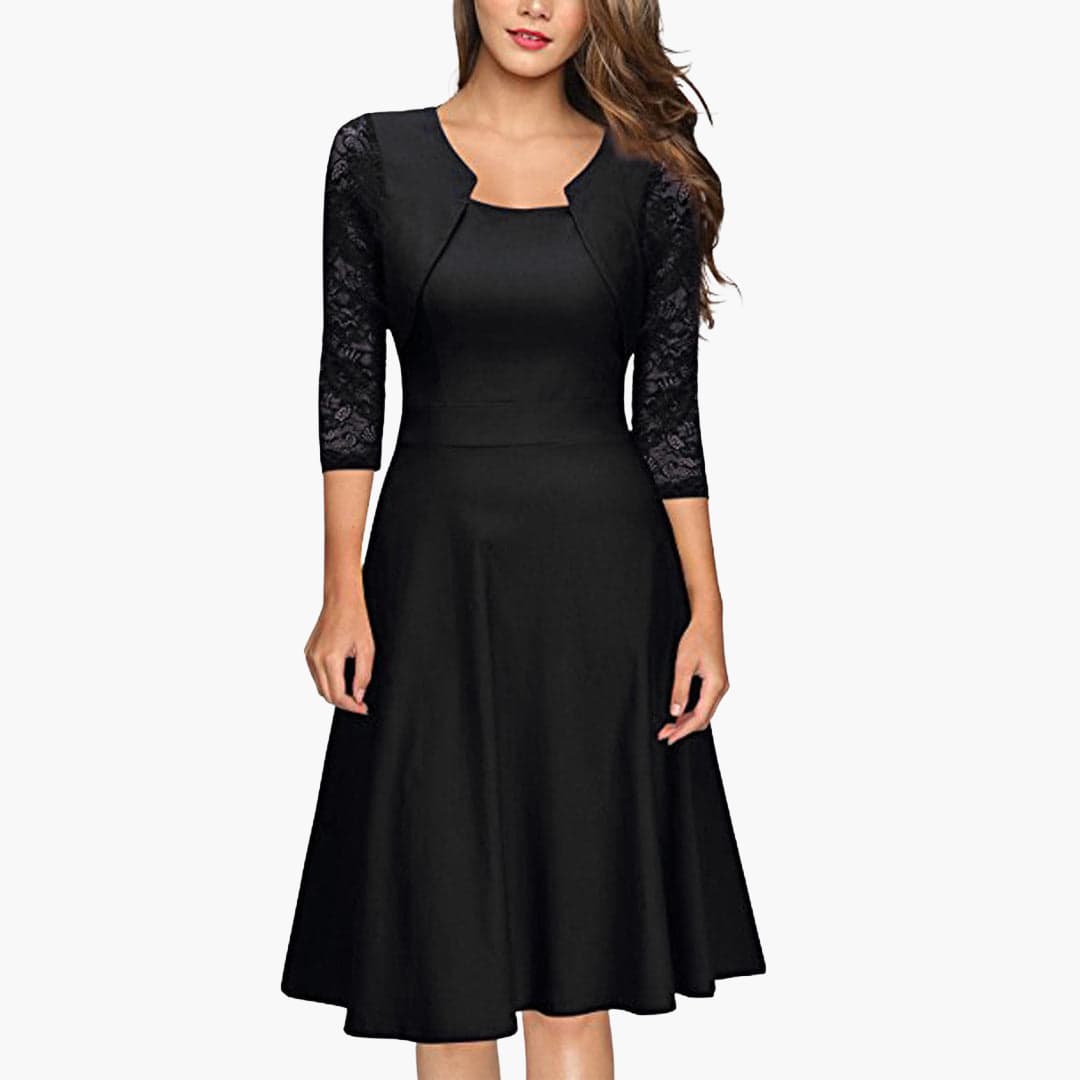 Women's Lace Sleeve Midi Dress – Flared Skirt Defined Waist Romantic Style