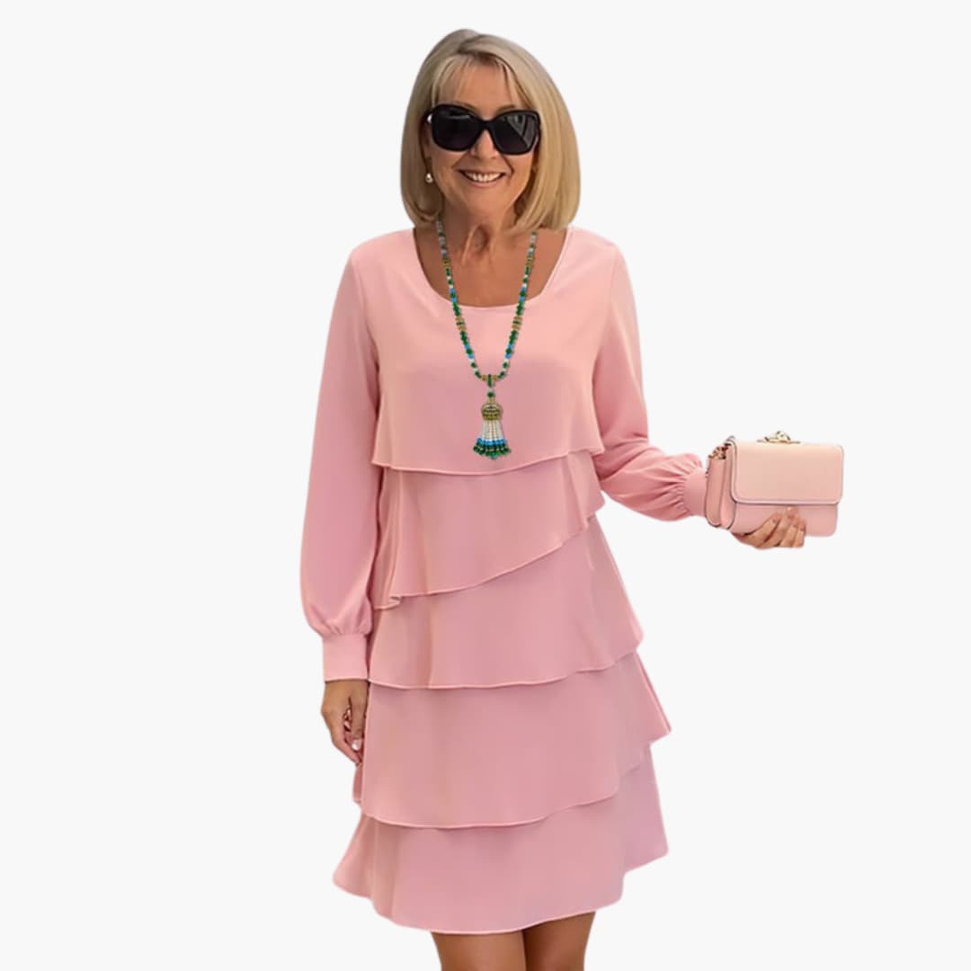 Women's Layered Long Sleeve Dress – Round Neck Elegant Flowing Style