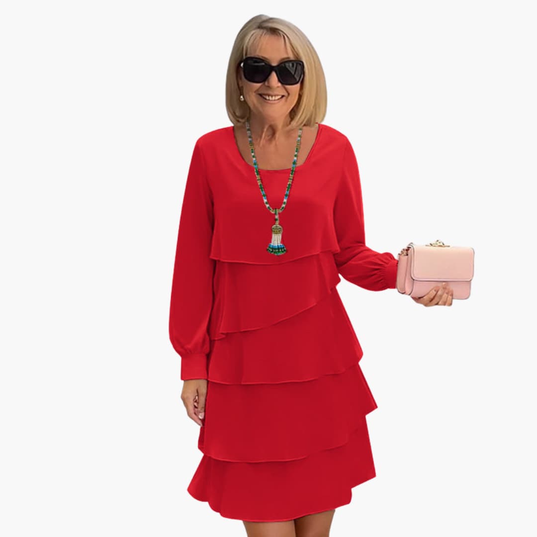 Women's Layered Long Sleeve Dress – Round Neck Elegant Flowing Style