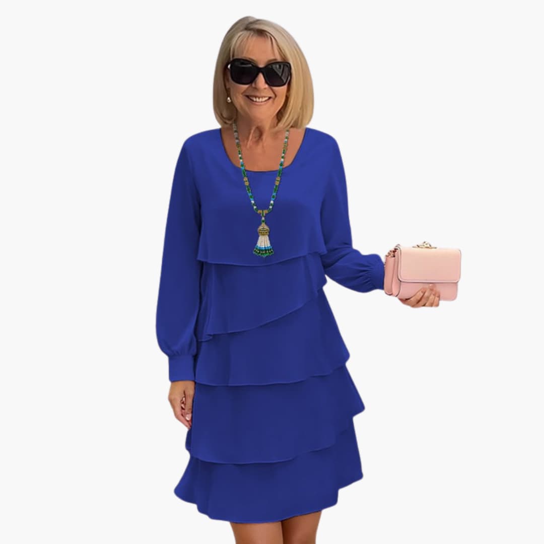 Women's Layered Long Sleeve Dress – Round Neck Elegant Flowing Style