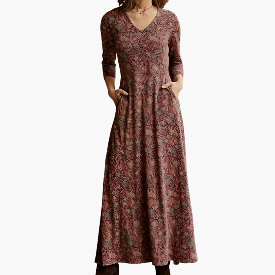 Women's Long Sleeve Maxi Dress – Retro Pattern Vintage-Inspired Elegant Design
