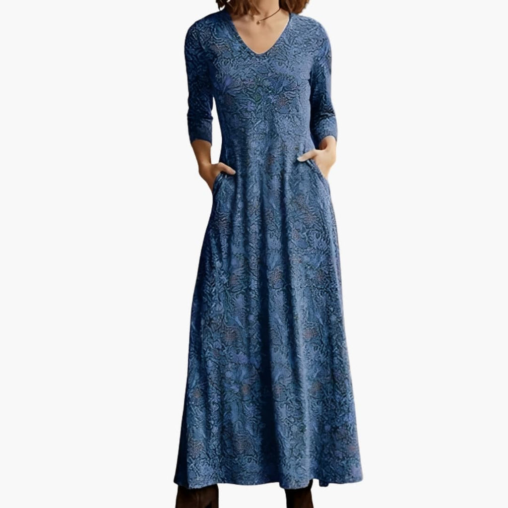 Women's Long Sleeve Maxi Dress – Retro Pattern Vintage-Inspired Elegant Design