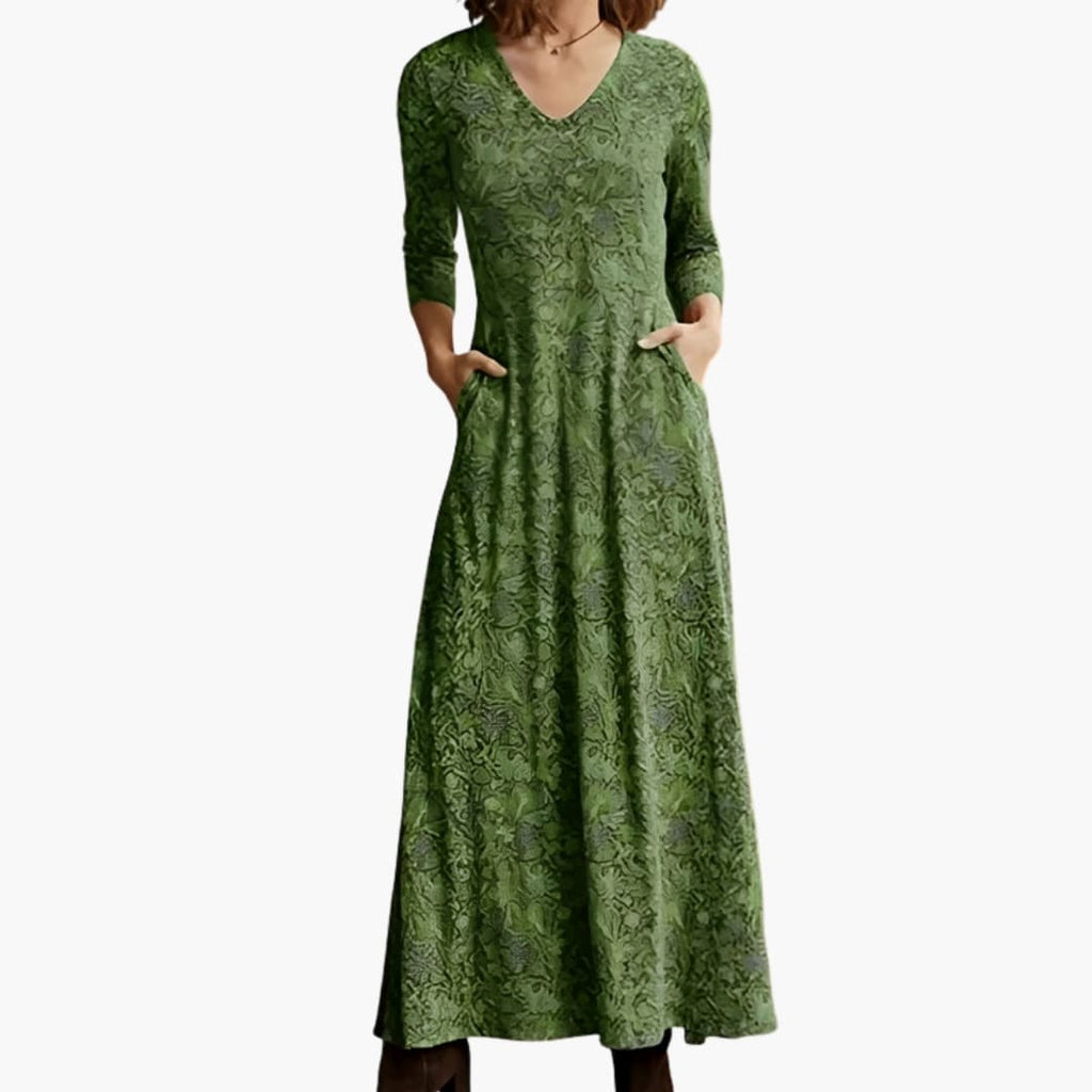 Women's Long Sleeve Maxi Dress – Retro Pattern Vintage-Inspired Elegant Design