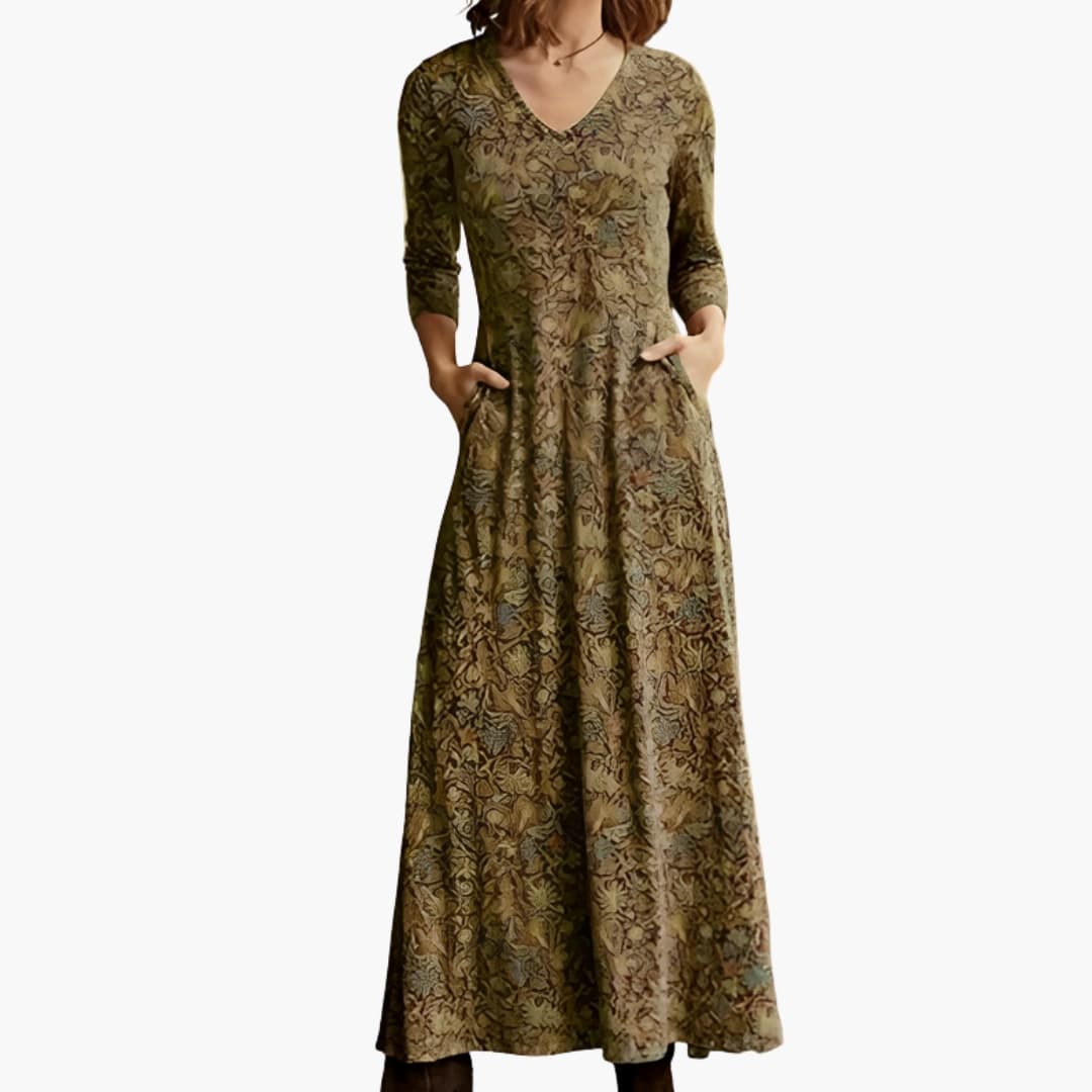 Women's Long Sleeve Maxi Dress – Retro Pattern Vintage-Inspired Elegant Design