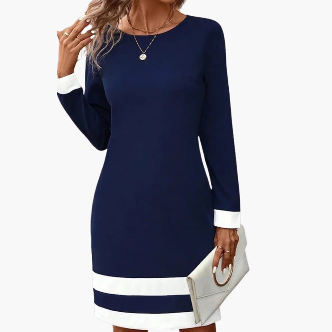 Women's Long Sleeve Midi Dress – Round Neck Contrast Cuff Elegant Style