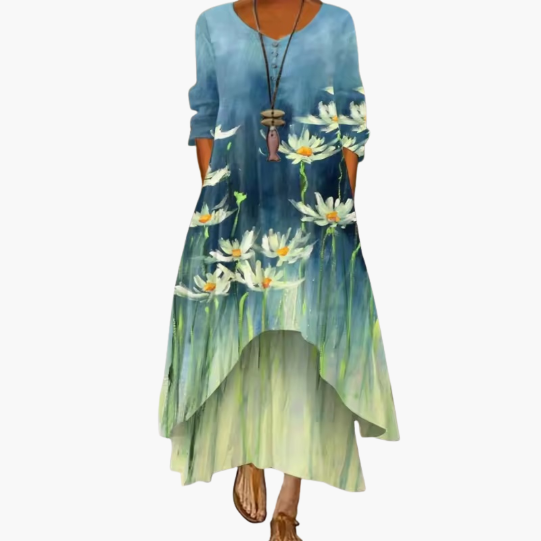 Women's Long Sleeve Pocket Dress – Round Neck Comfortable Everyday Style
