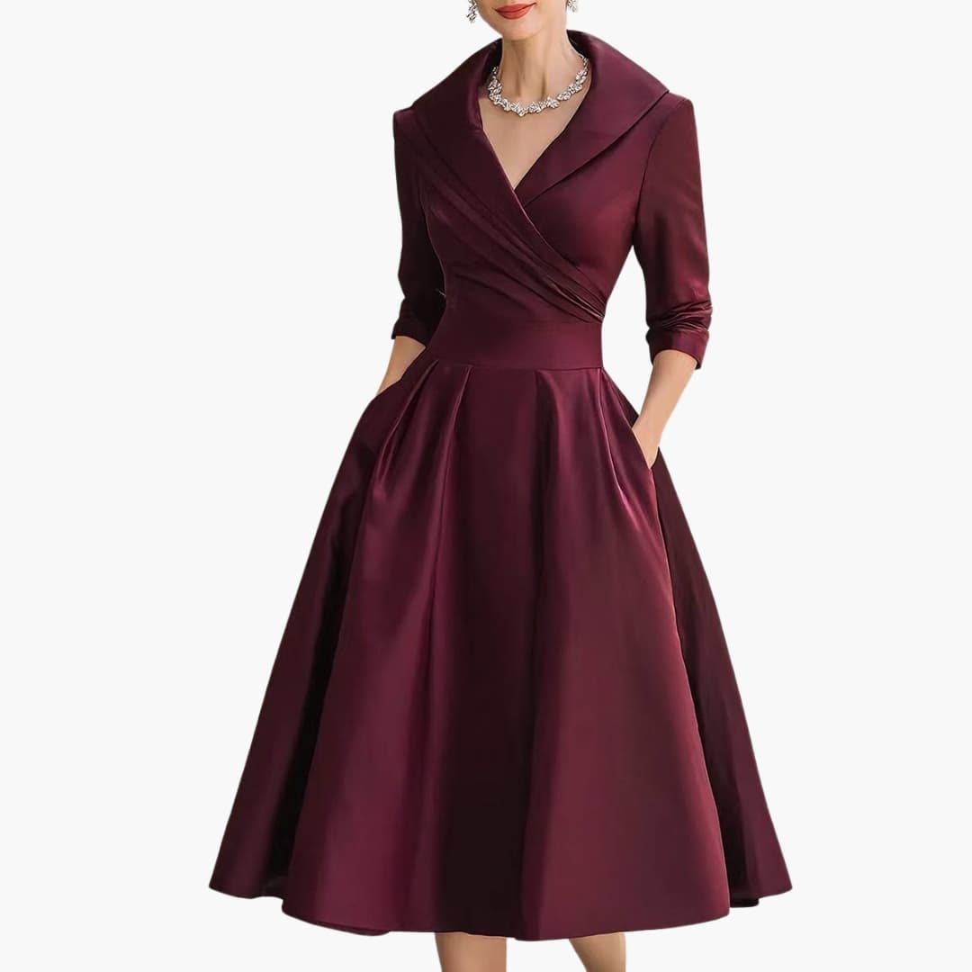 Women's Long Sleeve Midi Dress – Fitted Waist Mid-Calf Elegant Everyday Style