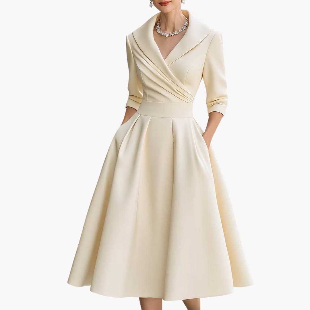 Women's Long Sleeve Midi Dress – Fitted Waist Mid-Calf Elegant Everyday Style