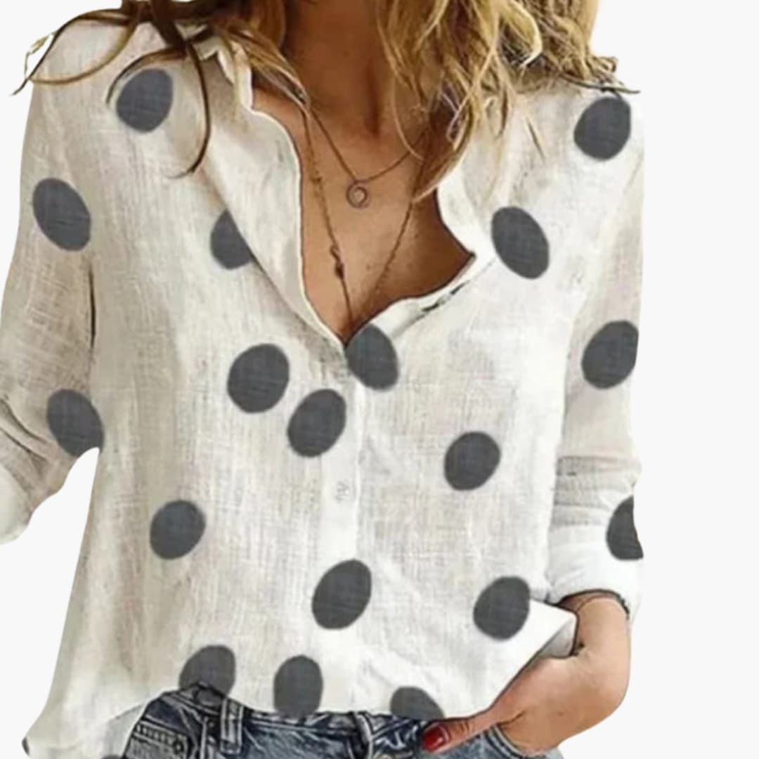 Women's Polka Dot Button-Front Blouse – Long Sleeve Relaxed Everyday Style