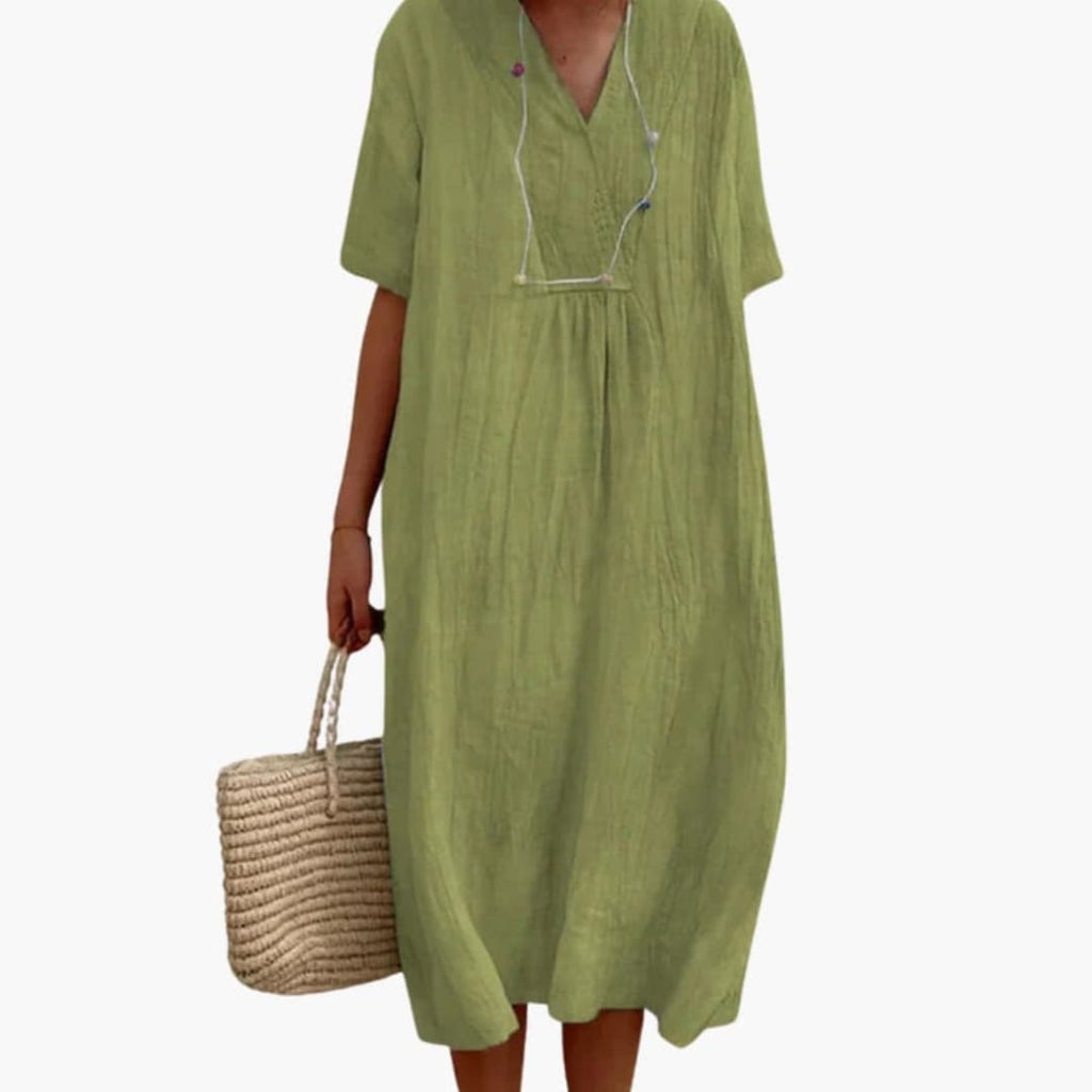 Women's V-Neck Midi Dress – Loose Fit Short Sleeves Casual Everyday Wear