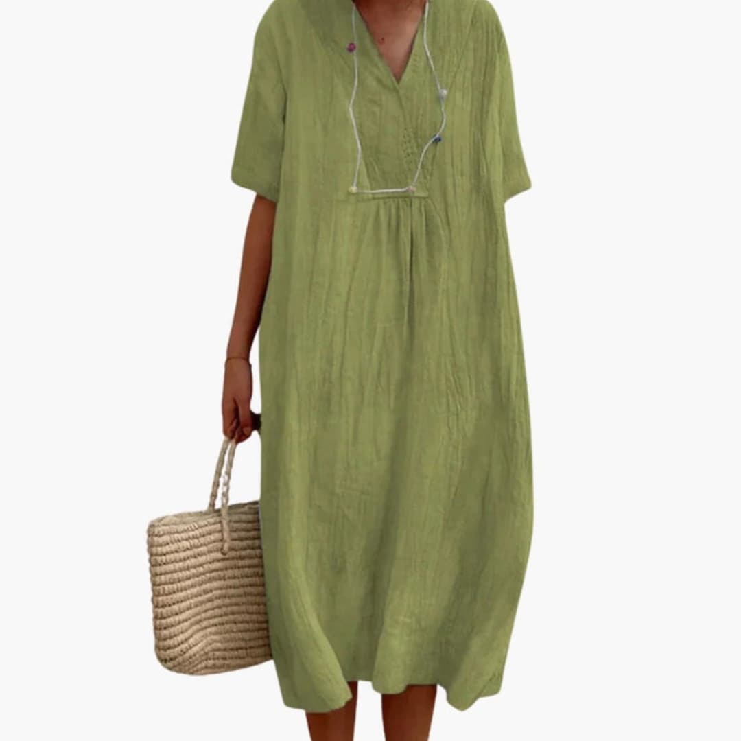 Women's V-Neck Midi Dress – Loose Fit Short Sleeves Casual Everyday Wear