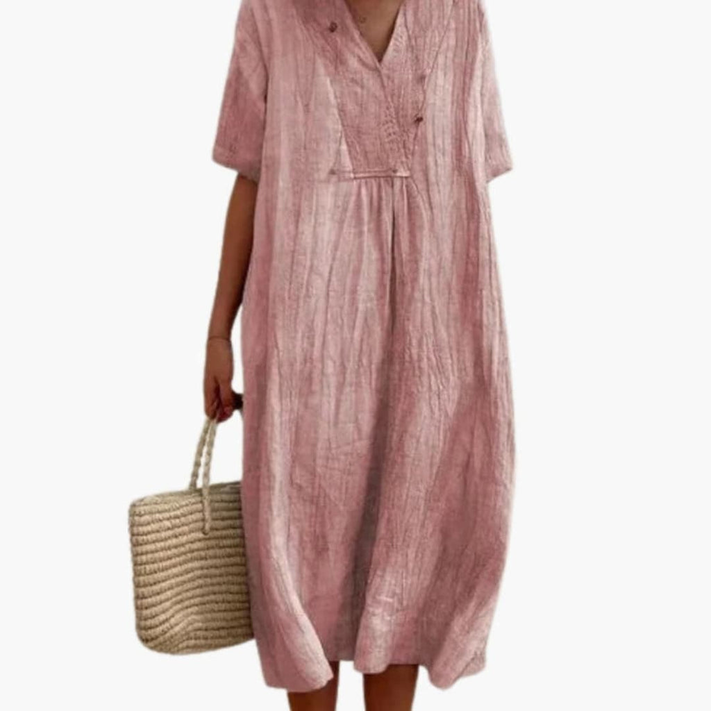 Women's V-Neck Midi Dress – Loose Fit Short Sleeves Casual Everyday Wear