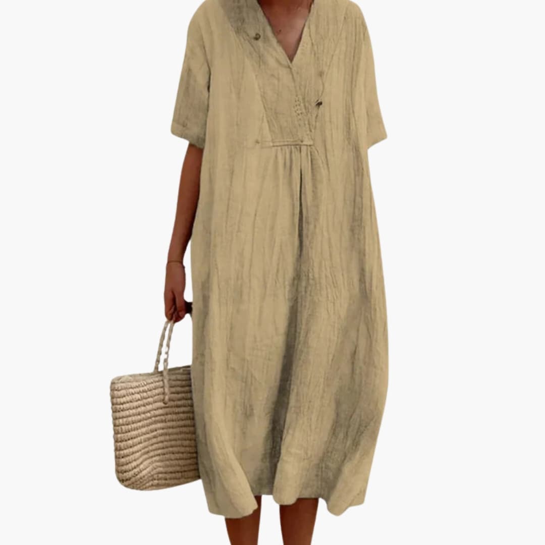 Women's V-Neck Midi Dress – Loose Fit Short Sleeves Casual Everyday Wear