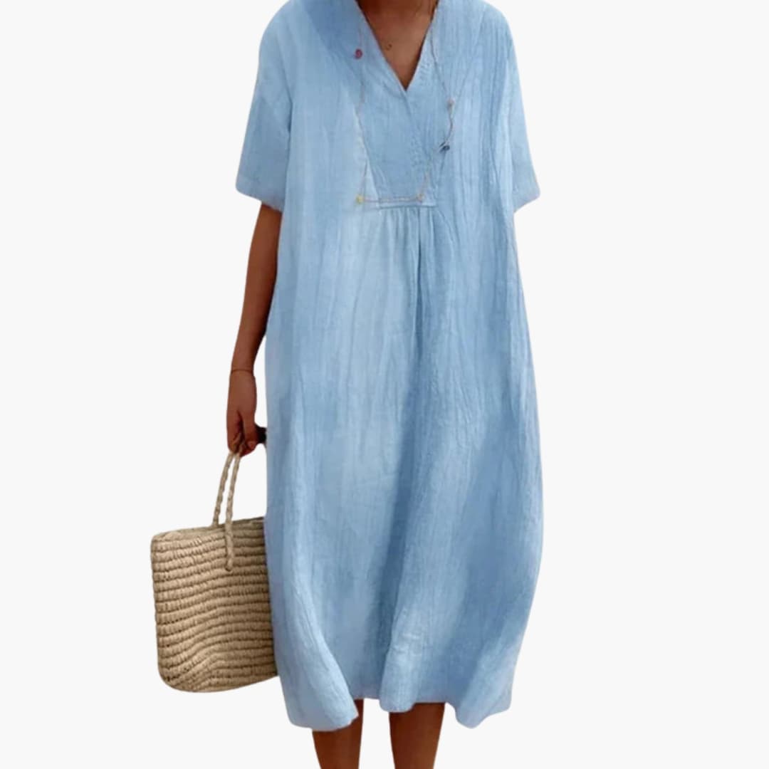 Women's V-Neck Midi Dress – Loose Fit Short Sleeves Casual Everyday Wear
