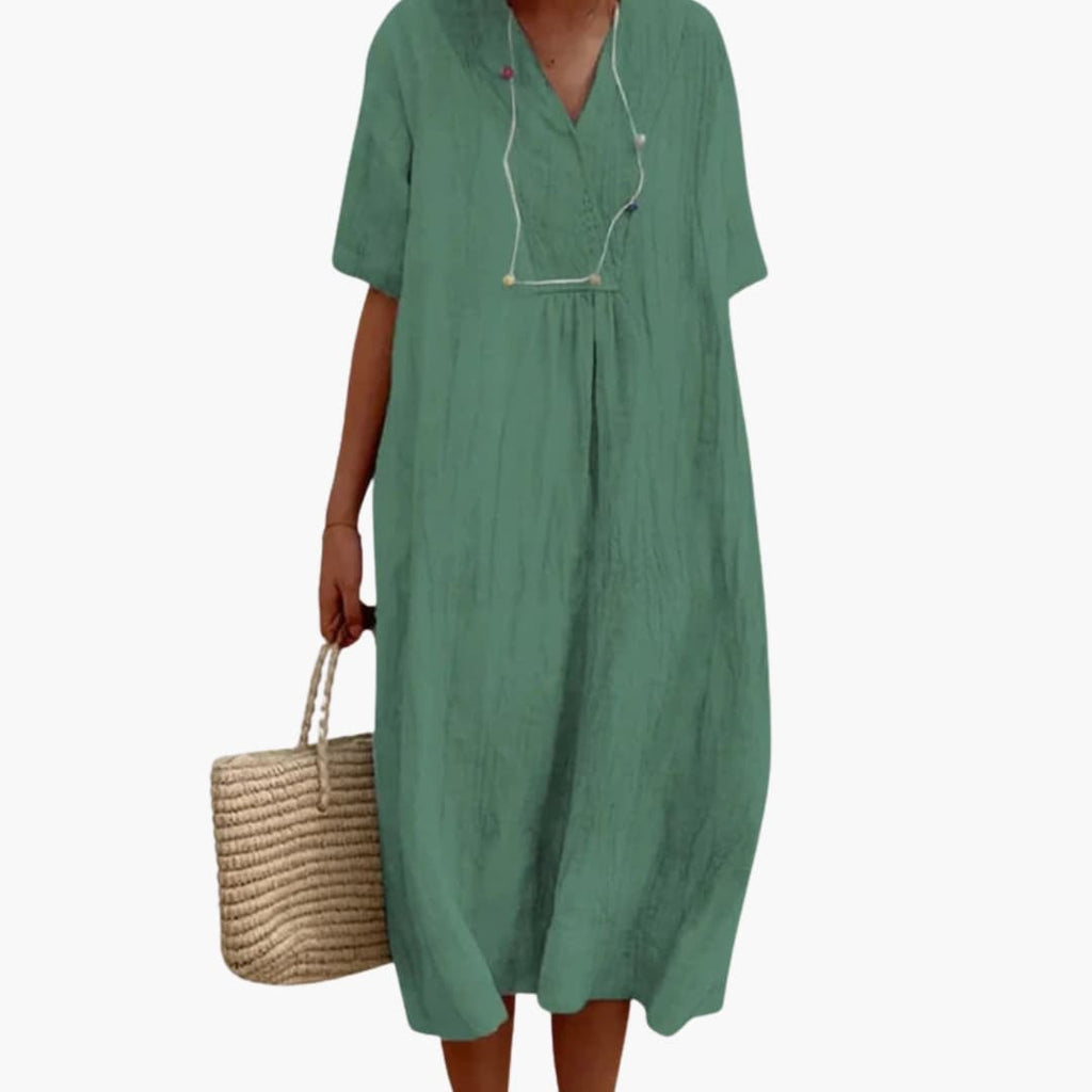 Women's V-Neck Midi Dress – Loose Fit Short Sleeves Casual Everyday Wear
