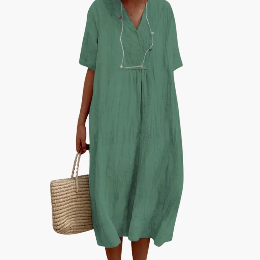 Women's V-Neck Midi Dress – Loose Fit Short Sleeves Casual Everyday Wear
