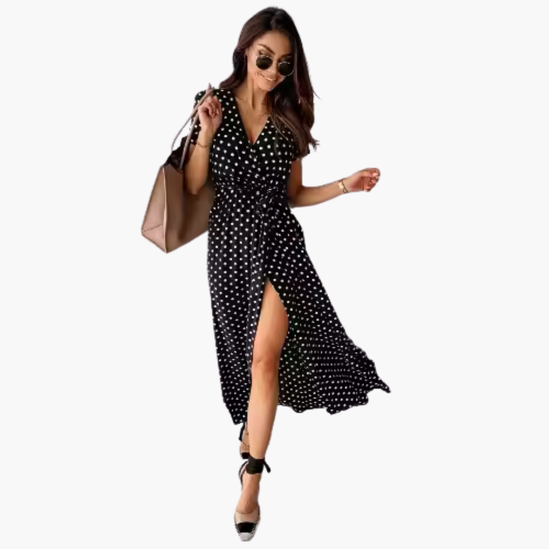 Women's Maxi Dress – V-Neckline Waist Tie Flowing Elegant Summer Look