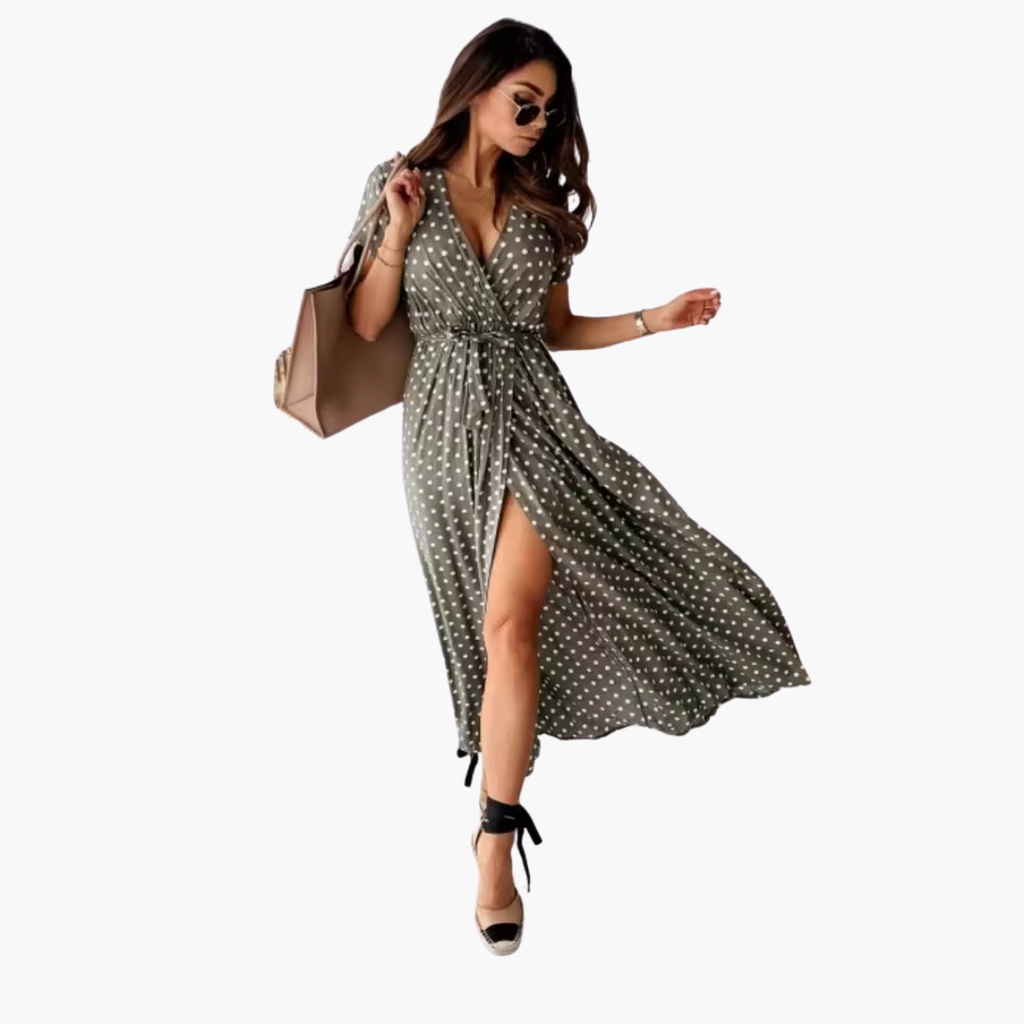 Women's Maxi Dress – V-Neckline Waist Tie Flowing Elegant Summer Look