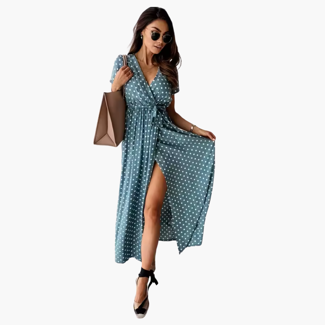 Women's Maxi Dress – V-Neckline Waist Tie Flowing Elegant Summer Look
