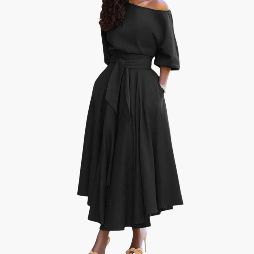 Women's Off-Shoulder Midi Dress – Lantern Sleeve Elegant Dress