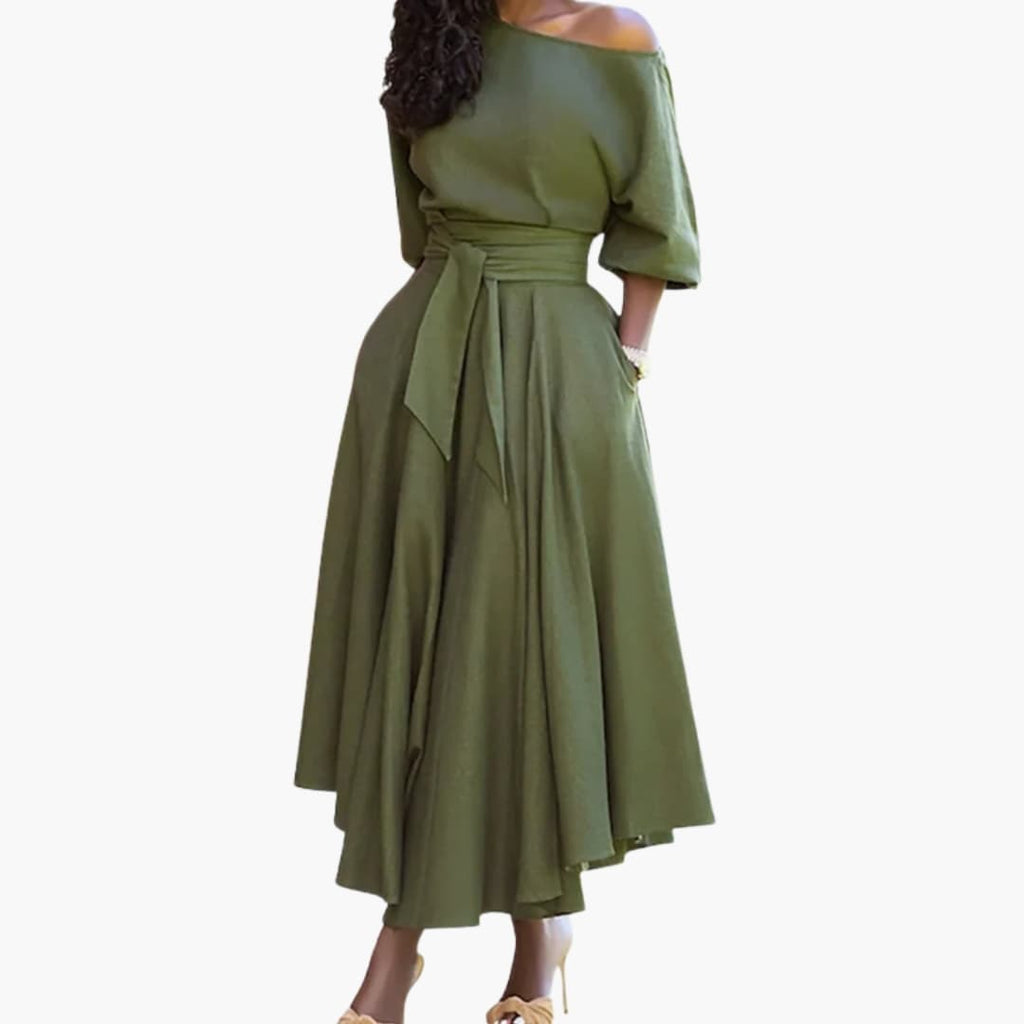 Women's Off-Shoulder Midi Dress – Lantern Sleeve Elegant Dress
