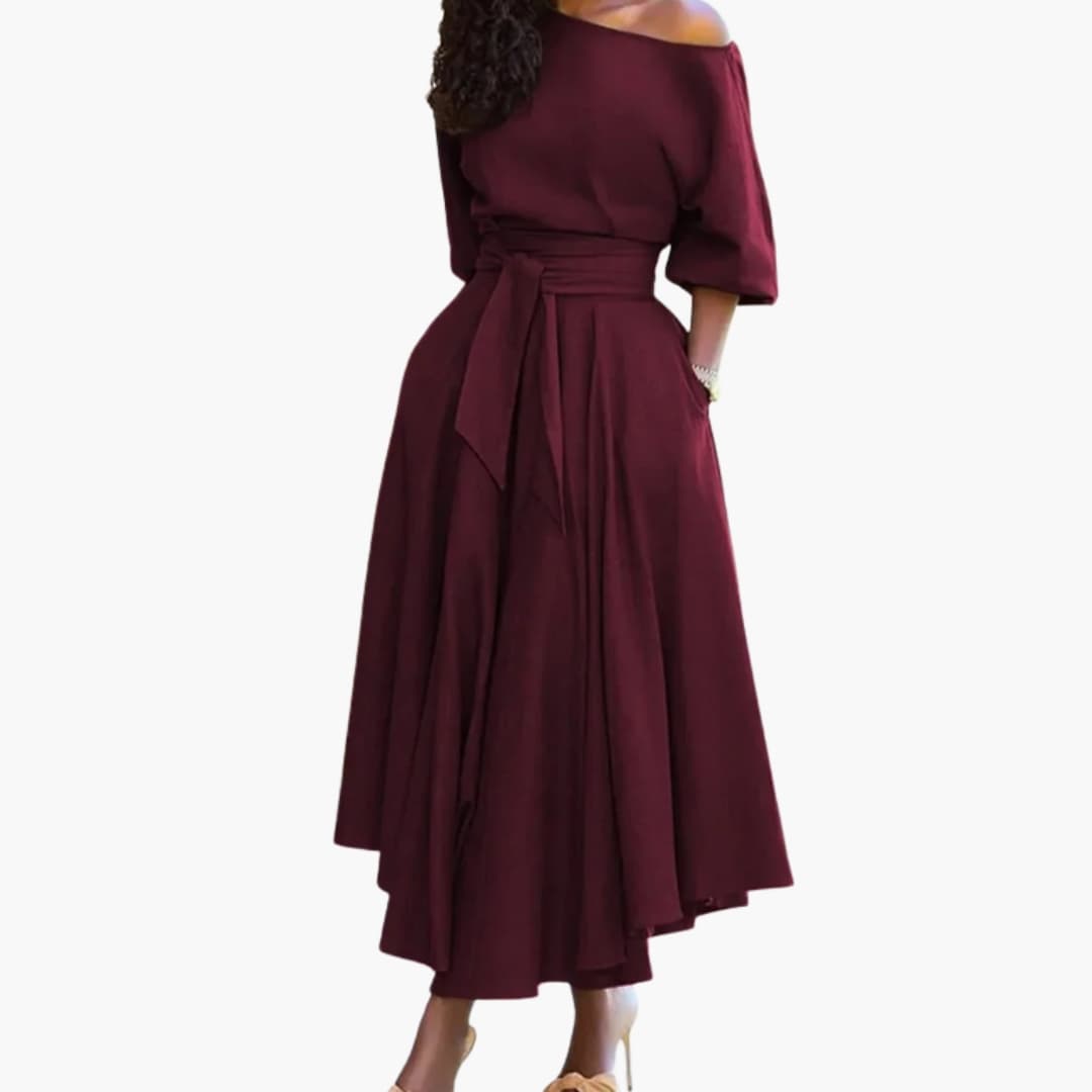 Women's Off-Shoulder Midi Dress – Lantern Sleeve Elegant Dress