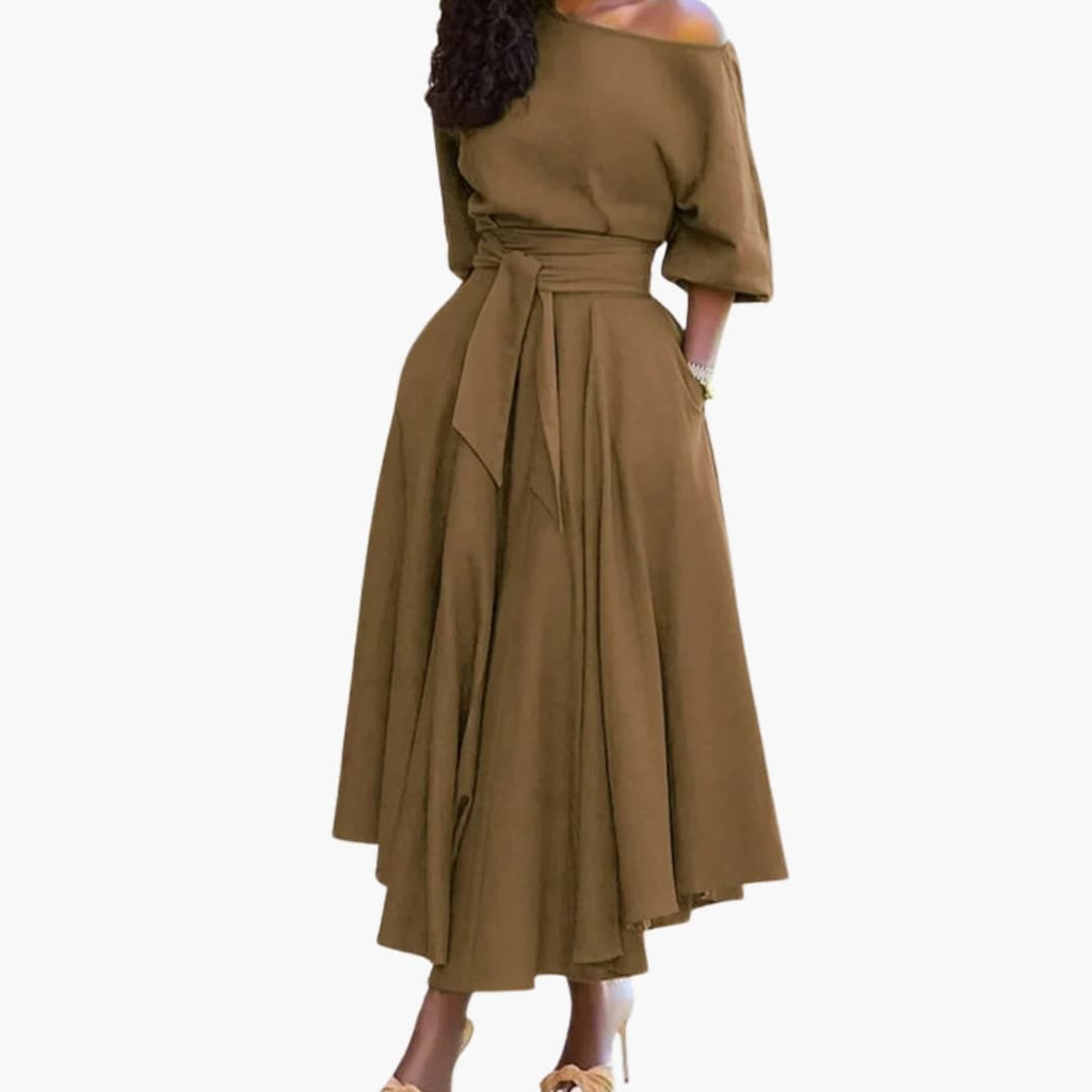 Women's Off-Shoulder Midi Dress – Lantern Sleeve Elegant Dress