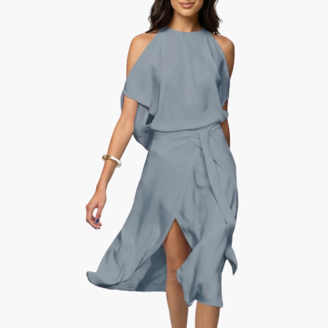 Women's Halter Neck Midi Dress – Shoulder Cutout Detail Dress