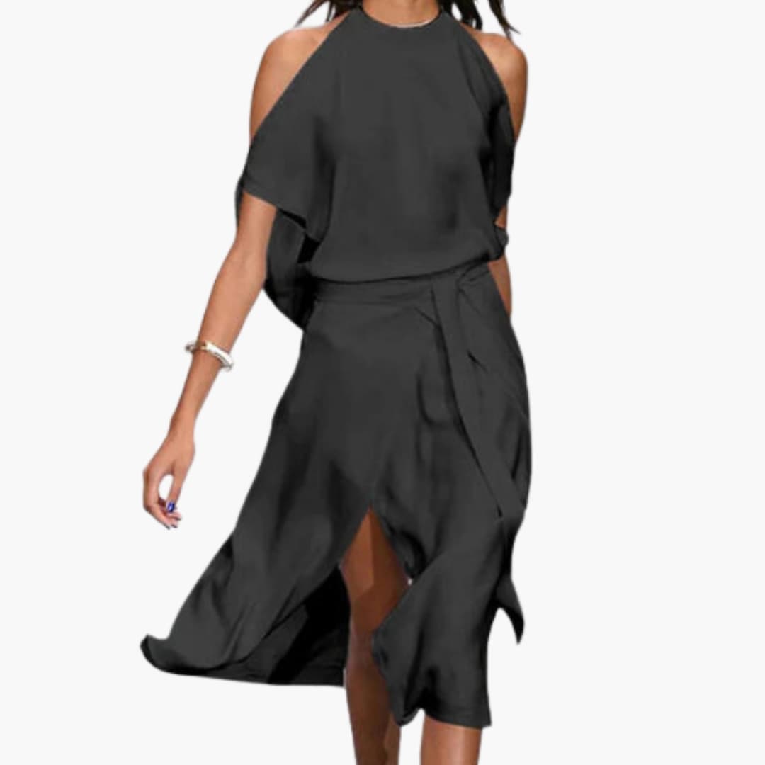 Women's Halter Neck Midi Dress – Shoulder Cutout Detail Dress