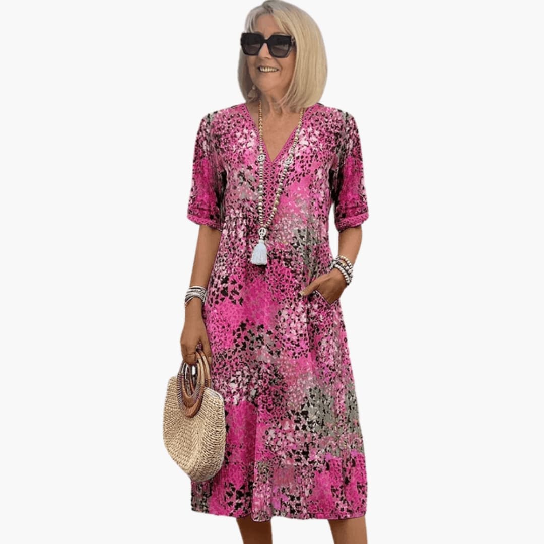 Women's Casual V-Neck Midi Dress – Short Sleeve Loose Fit Summer Style