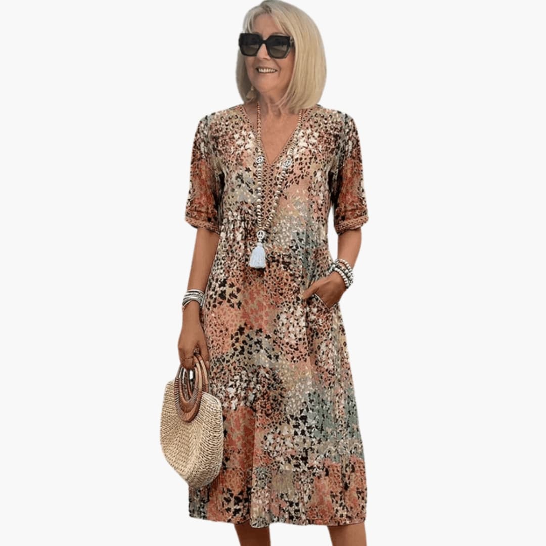 Women's Casual V-Neck Midi Dress – Short Sleeve Loose Fit Summer Style