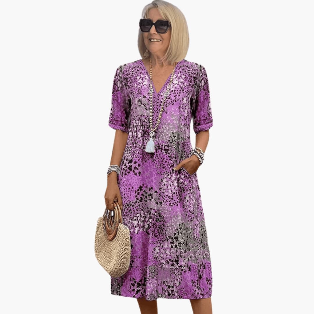 Women's Casual V-Neck Midi Dress – Short Sleeve Loose Fit Summer Style