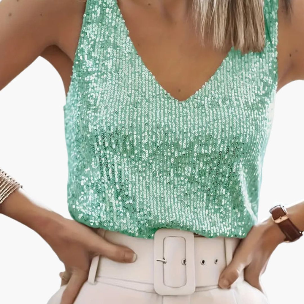 Women's Sequin Detail Sleeveless Top – Round Neck Easy Glam Style