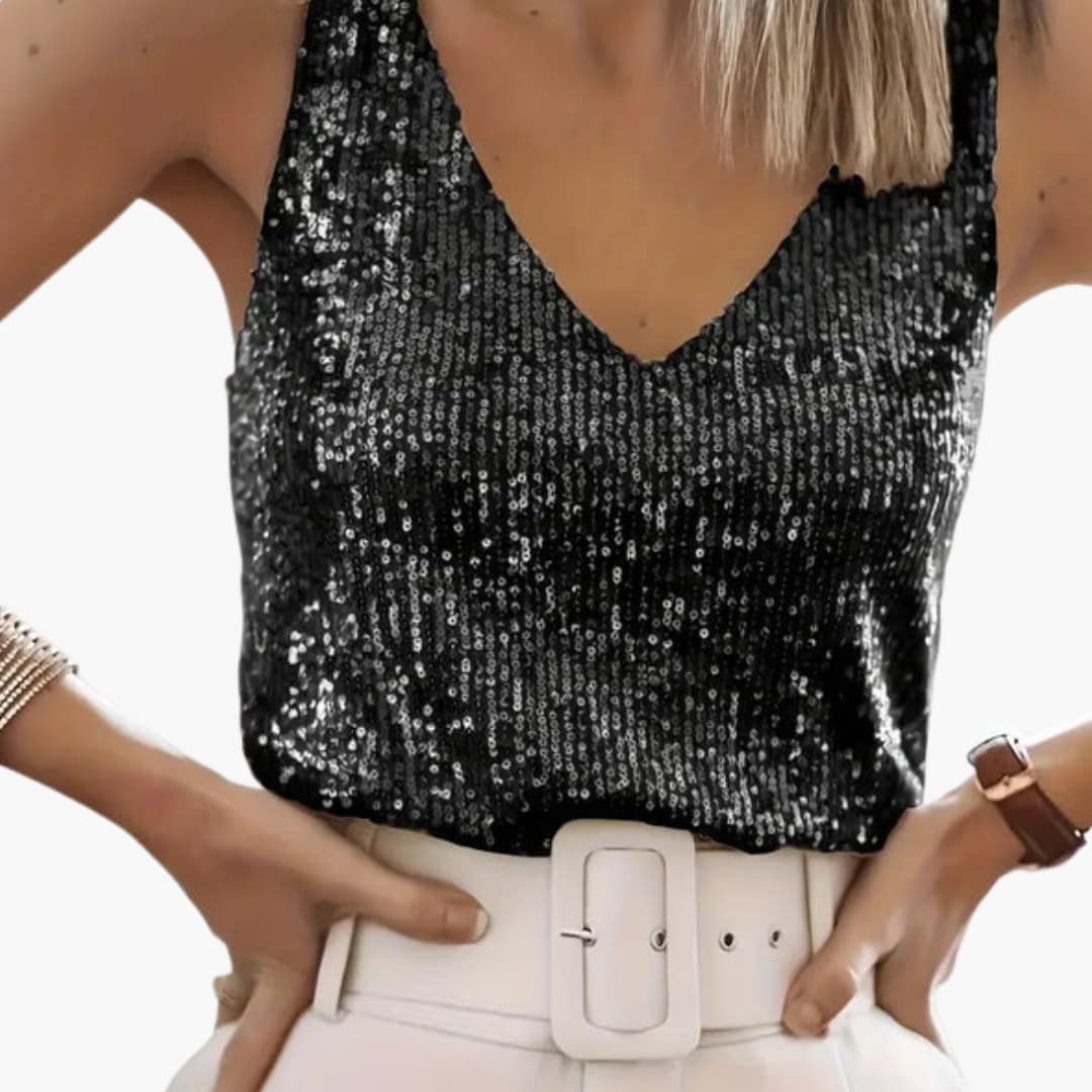 Women's Sequin Detail Sleeveless Top – Round Neck Easy Glam Style