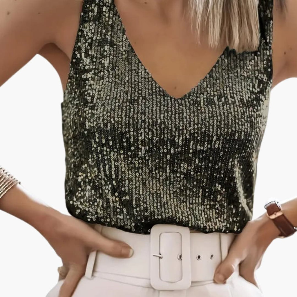 Women's Sequin Detail Sleeveless Top – Round Neck Easy Glam Style