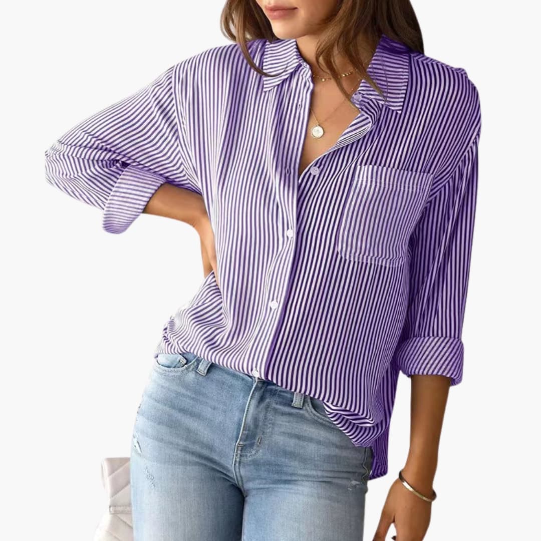 Women's Striped Button-Down Shirt Blouse – Collared Roll-Tab Everyday Style