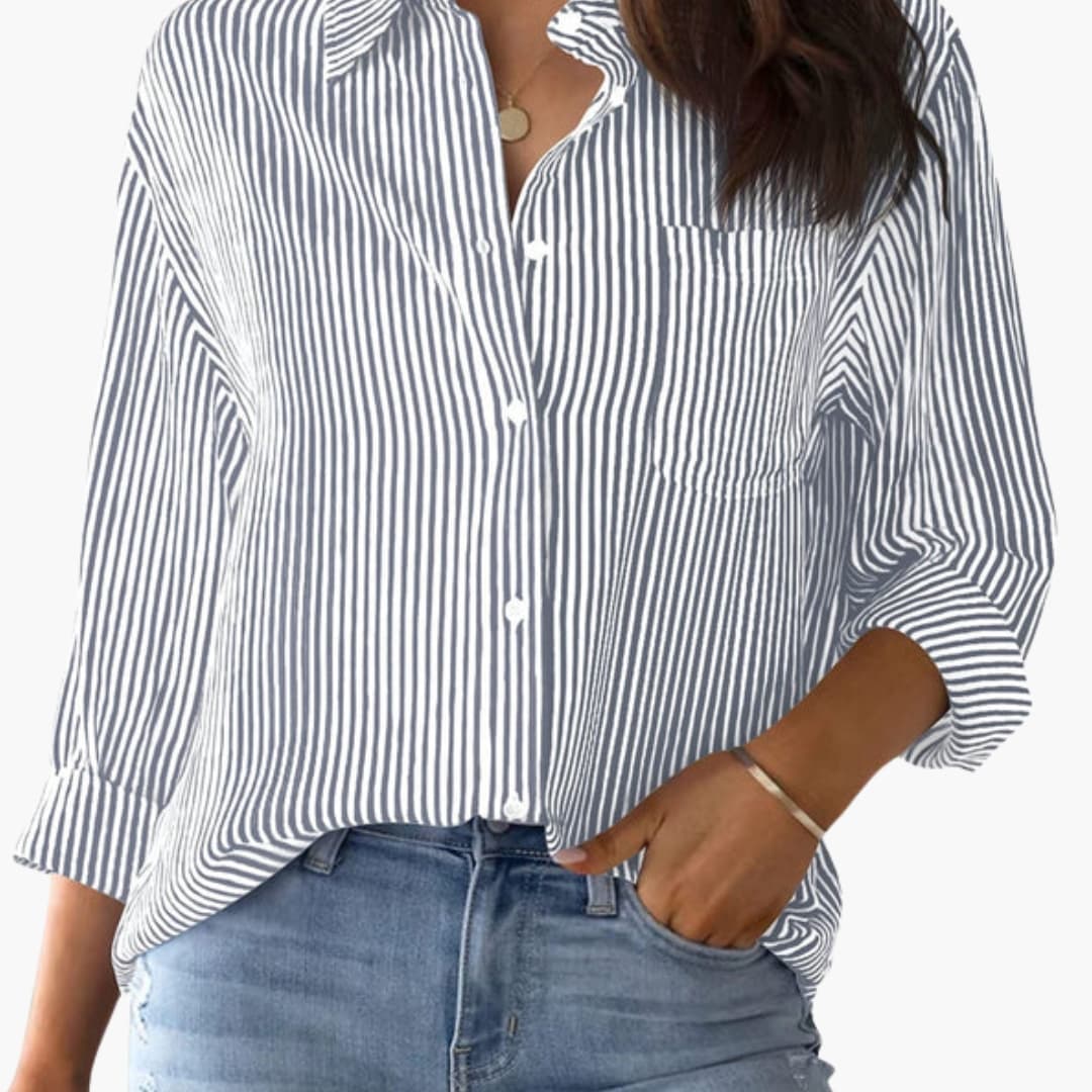 Women's Striped Button-Down Shirt Blouse – Collared Roll-Tab Everyday Style