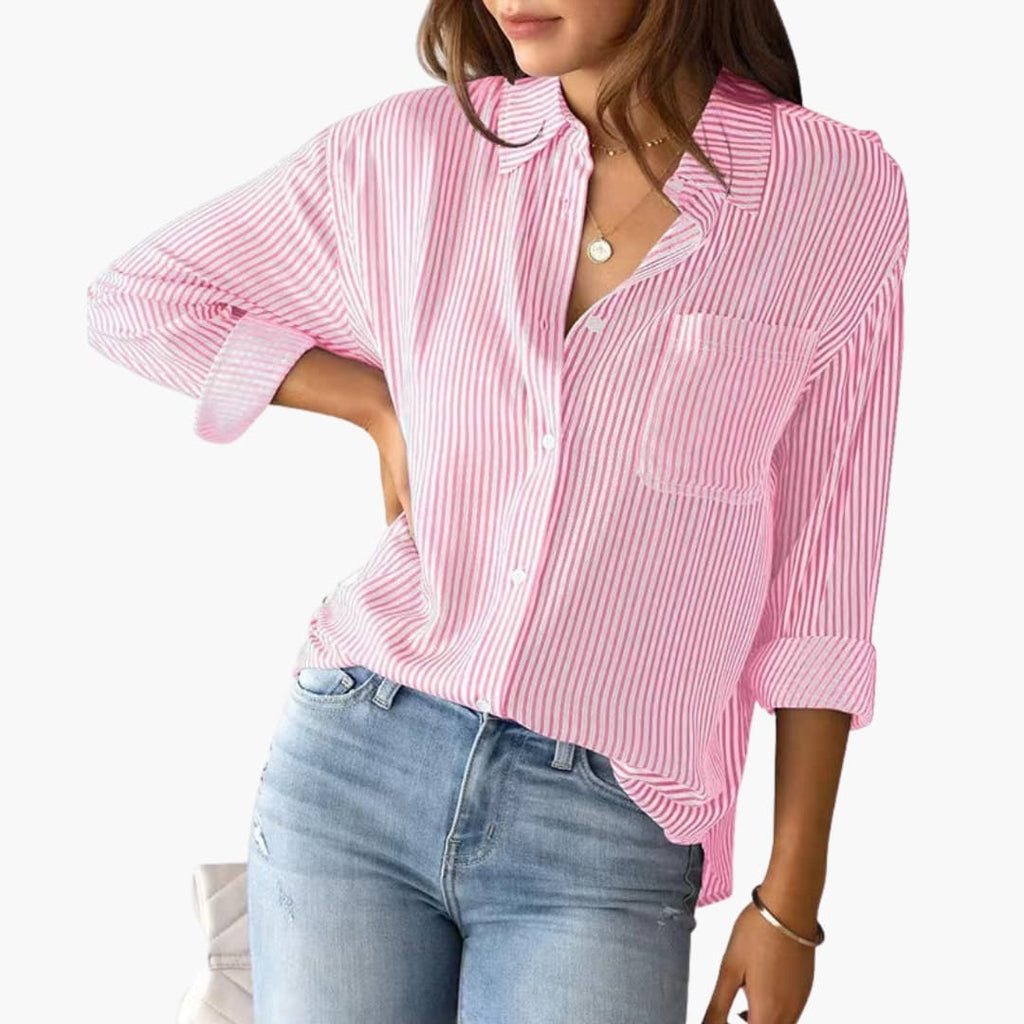 Women's Striped Button-Down Shirt Blouse – Collared Roll-Tab Everyday Style