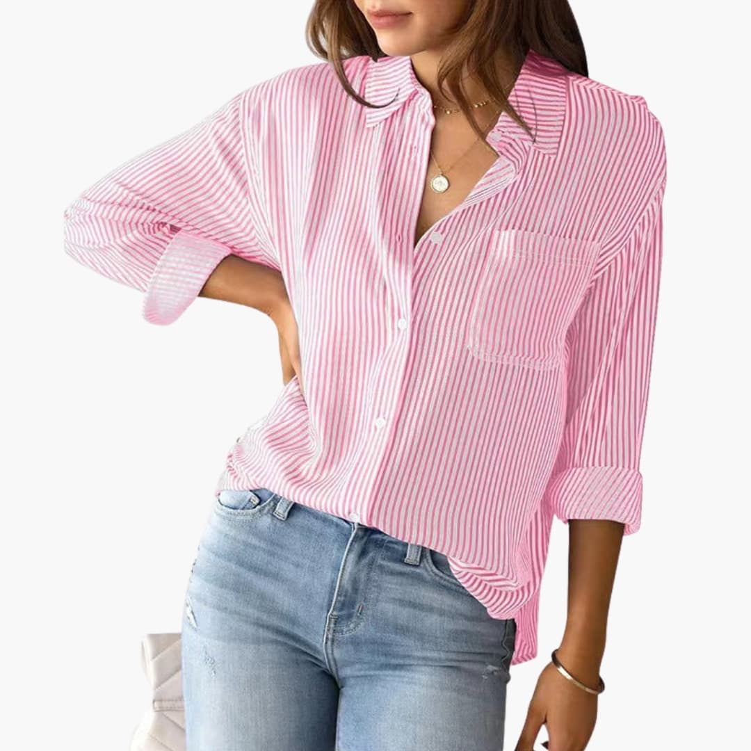 Women's Striped Button-Down Shirt Blouse – Collared Roll-Tab Everyday Style