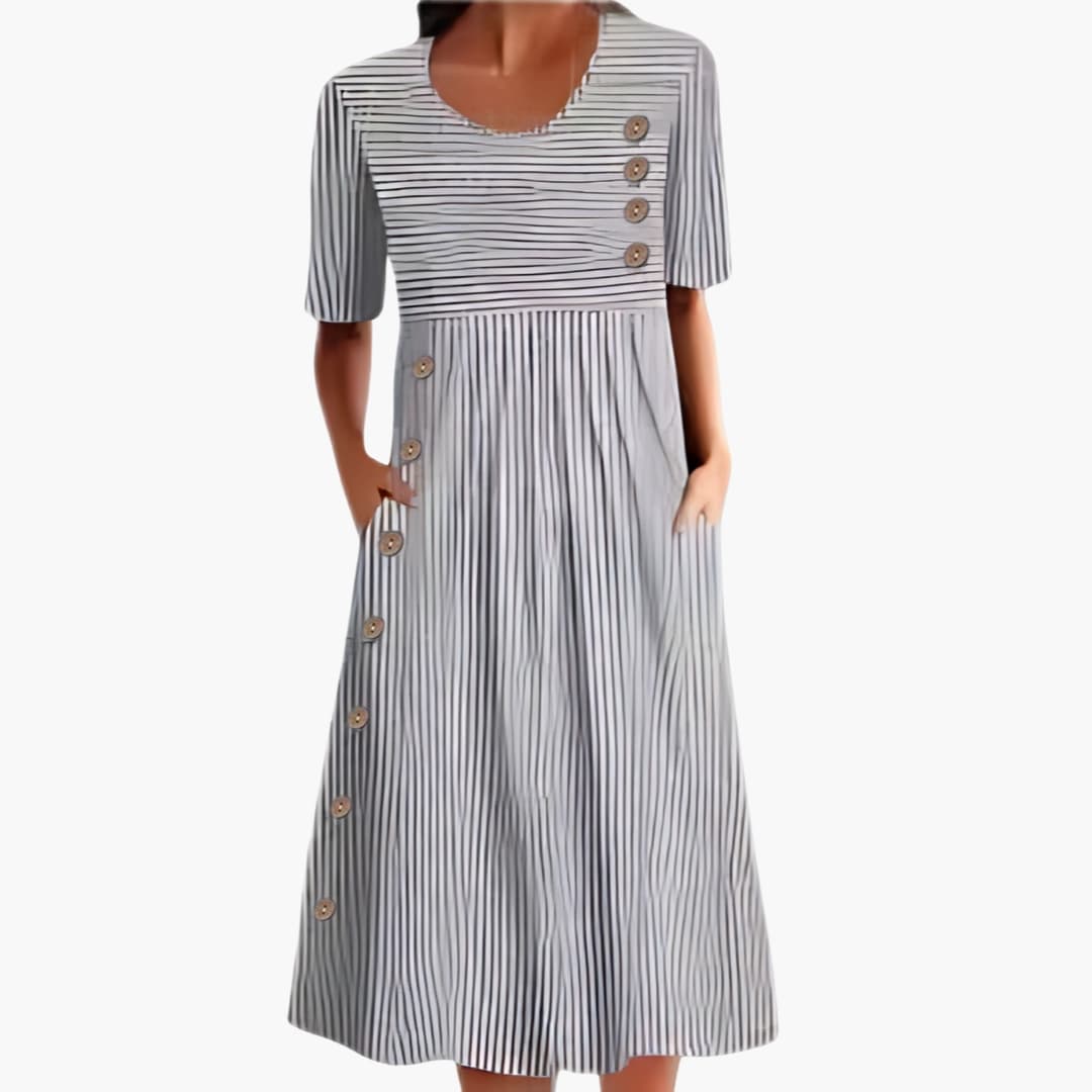 Women's Striped Button-Front Midi Dress – 3/4 Sleeve Everyday Chic