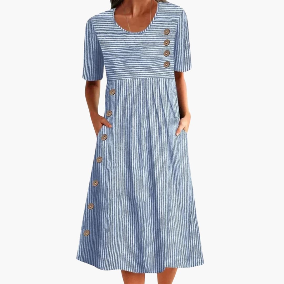 Women's Striped Button-Front Midi Dress – 3/4 Sleeve Everyday Chic