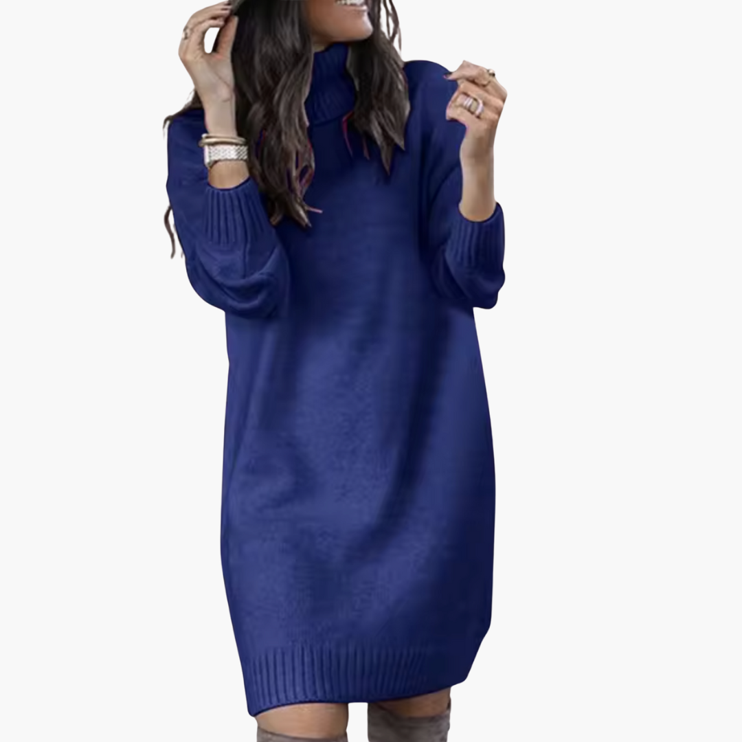 Women’s Turtleneck Sweater Dress with Long Sleeves and Ribbed Hem