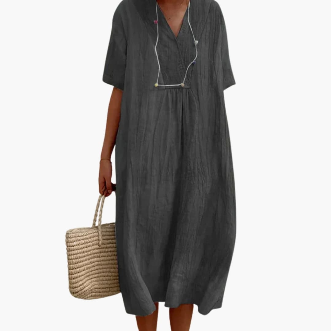 Women’s V-Neck Dress with Short Sleeves and Loose Fit