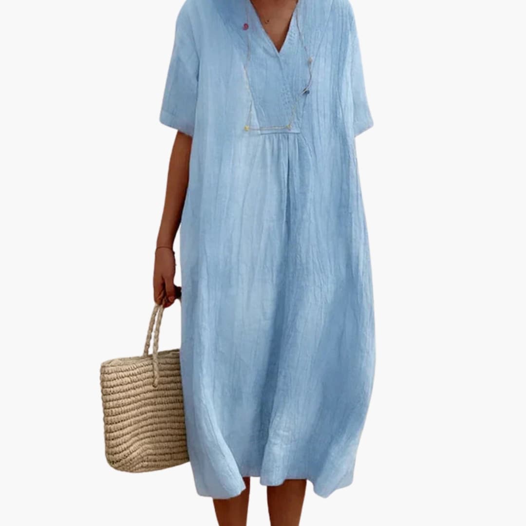 Women’s V-Neck Dress with Short Sleeves and Loose Fit