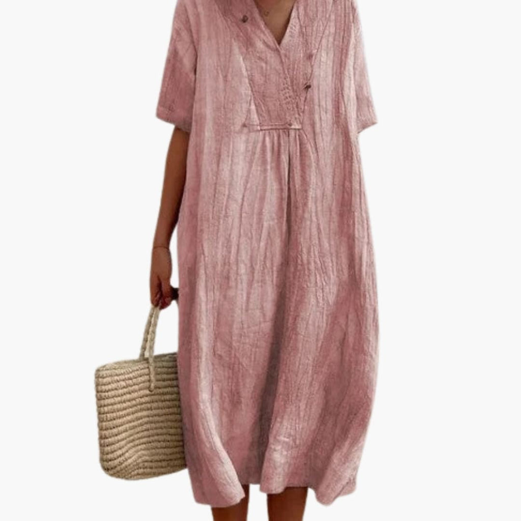 Women’s V-Neck Dress with Short Sleeves and Loose Fit