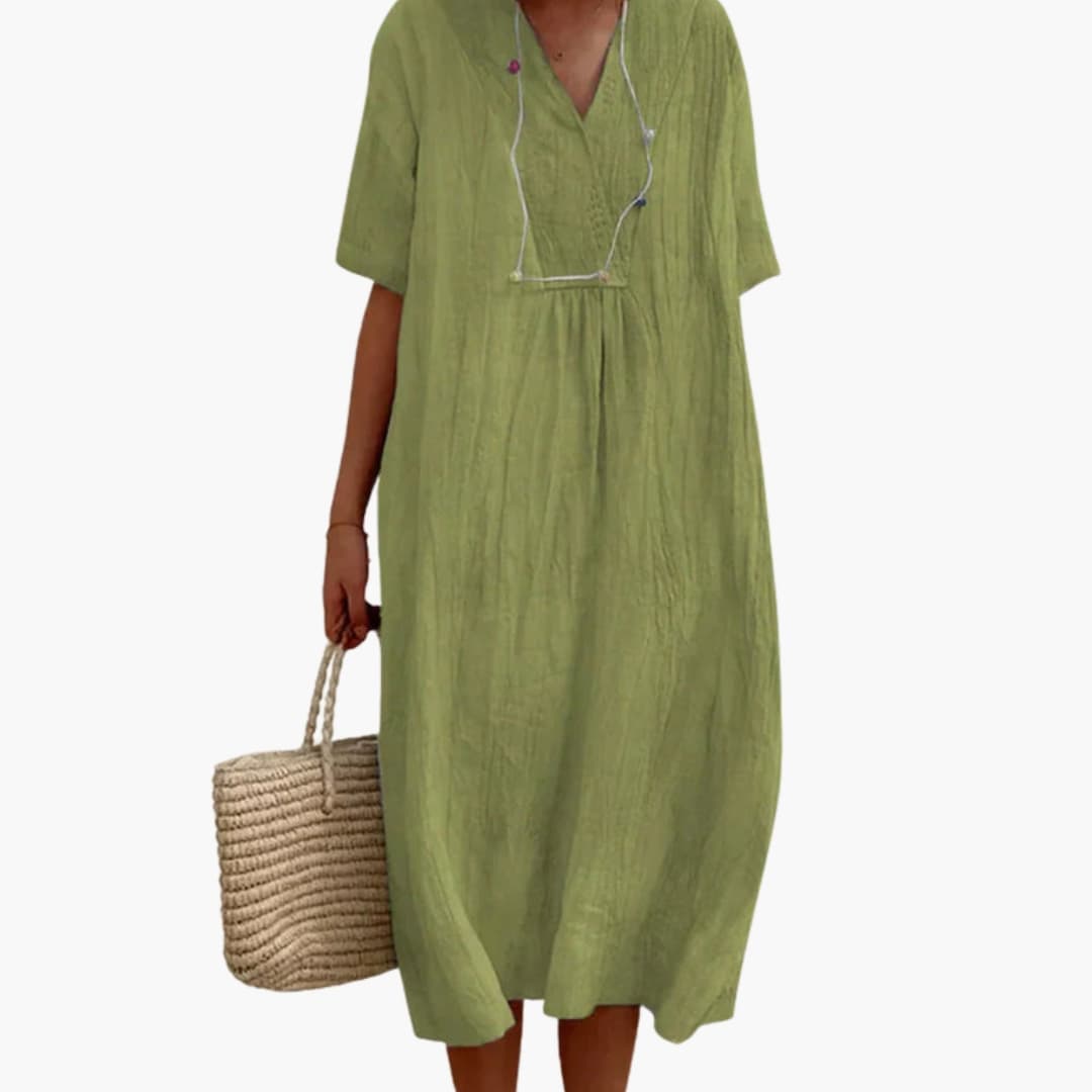 Women’s V-Neck Dress with Short Sleeves and Loose Fit