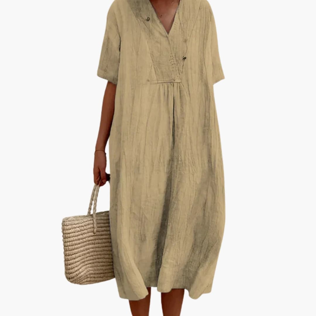 Women’s V-Neck Dress with Short Sleeves and Loose Fit