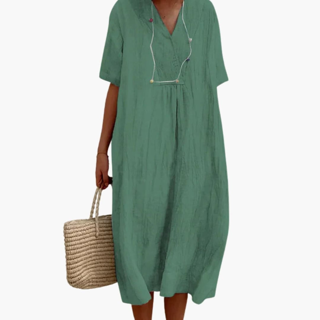 Women’s V-Neck Dress with Short Sleeves and Loose Fit