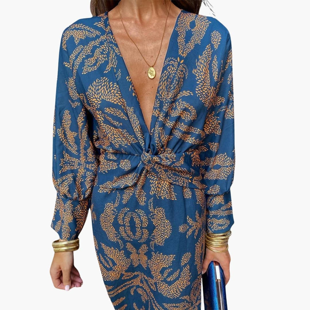 Women's Floral Long Sleeve Midi Dress – V-Neck Elegant Everyday Style